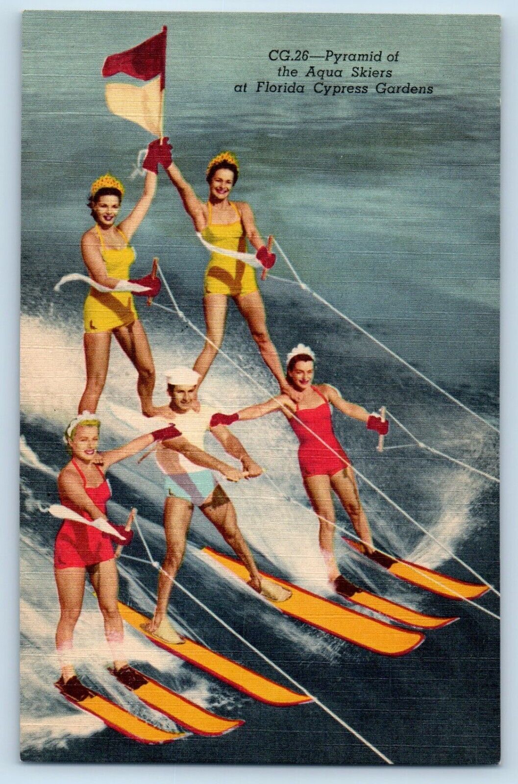 Cypress Gardens Florida Postcard Human Pyramid Aqua Skiers c1940 Vintage Antique