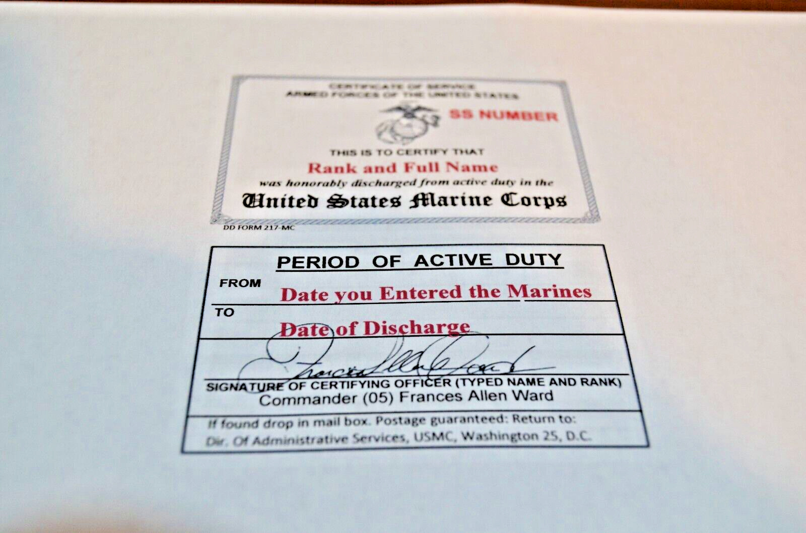 United States Marine Corps Honorable Discharge Laminated Card 2 1/8 X 3 3/8