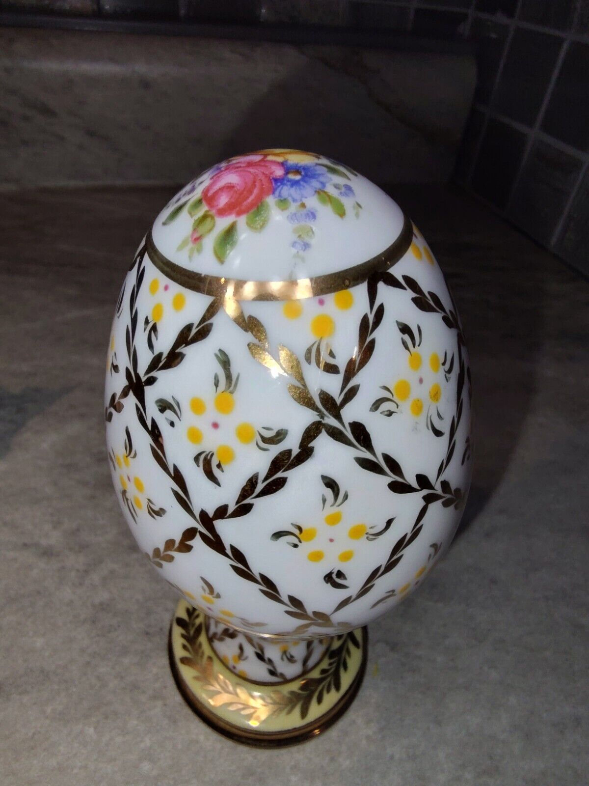 Vintage Ceramic Egg On A Pedestal Beautiful Yellow Flowered