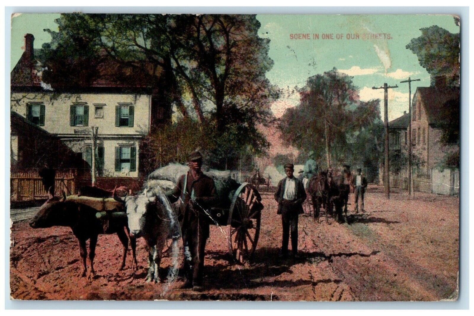 1913 Scene One Our Streets Cow Carriage Exterior Houses Vintage Antique Postcard