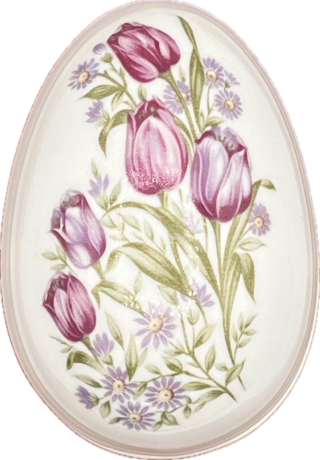 Vintage Lefton Hand Painted Ceramic Porcelain Egg Trinket Dish Purple Tulips