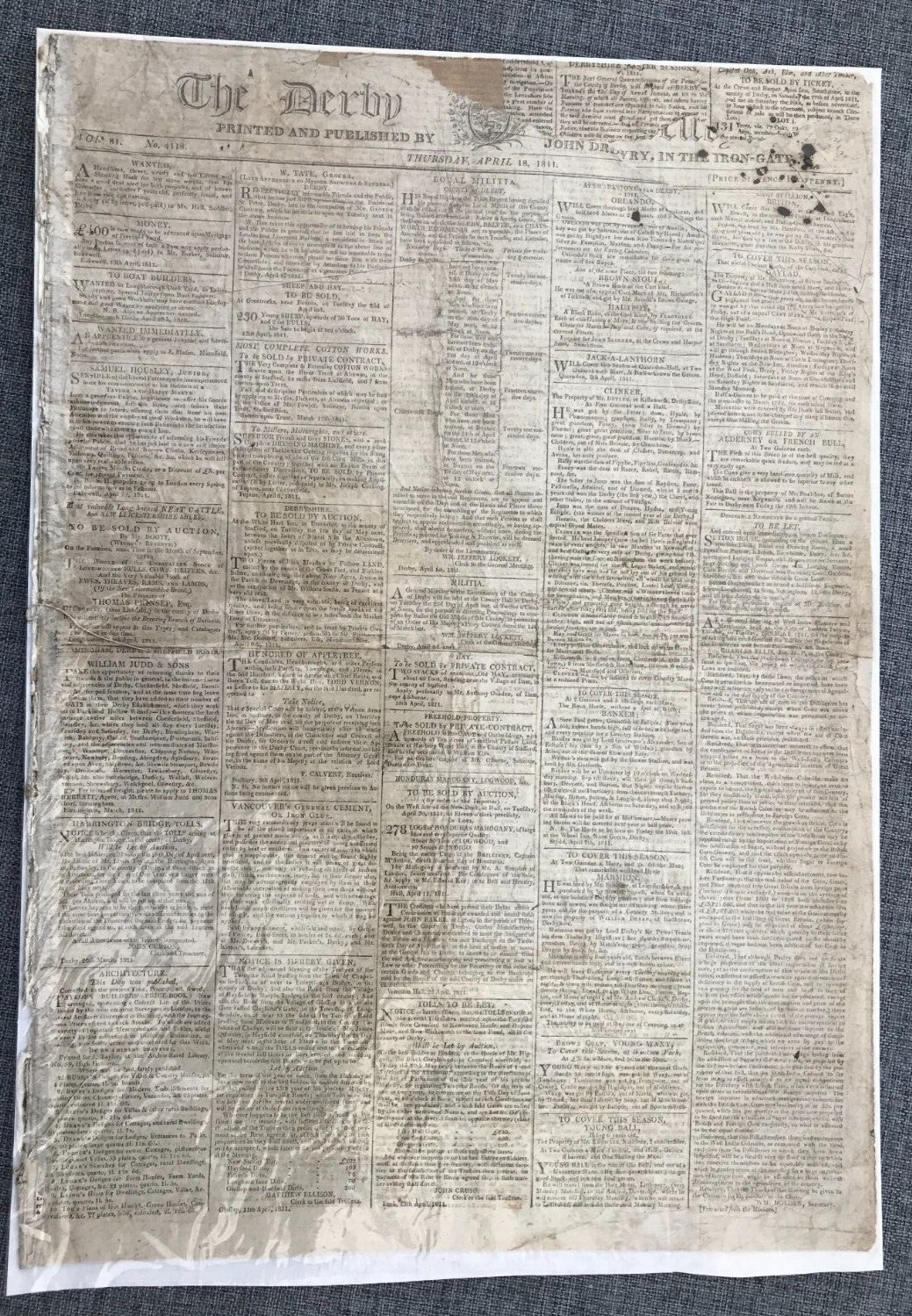 THE DERBY 18 APRIL 1811 ORIGINAL NEWSPAPER