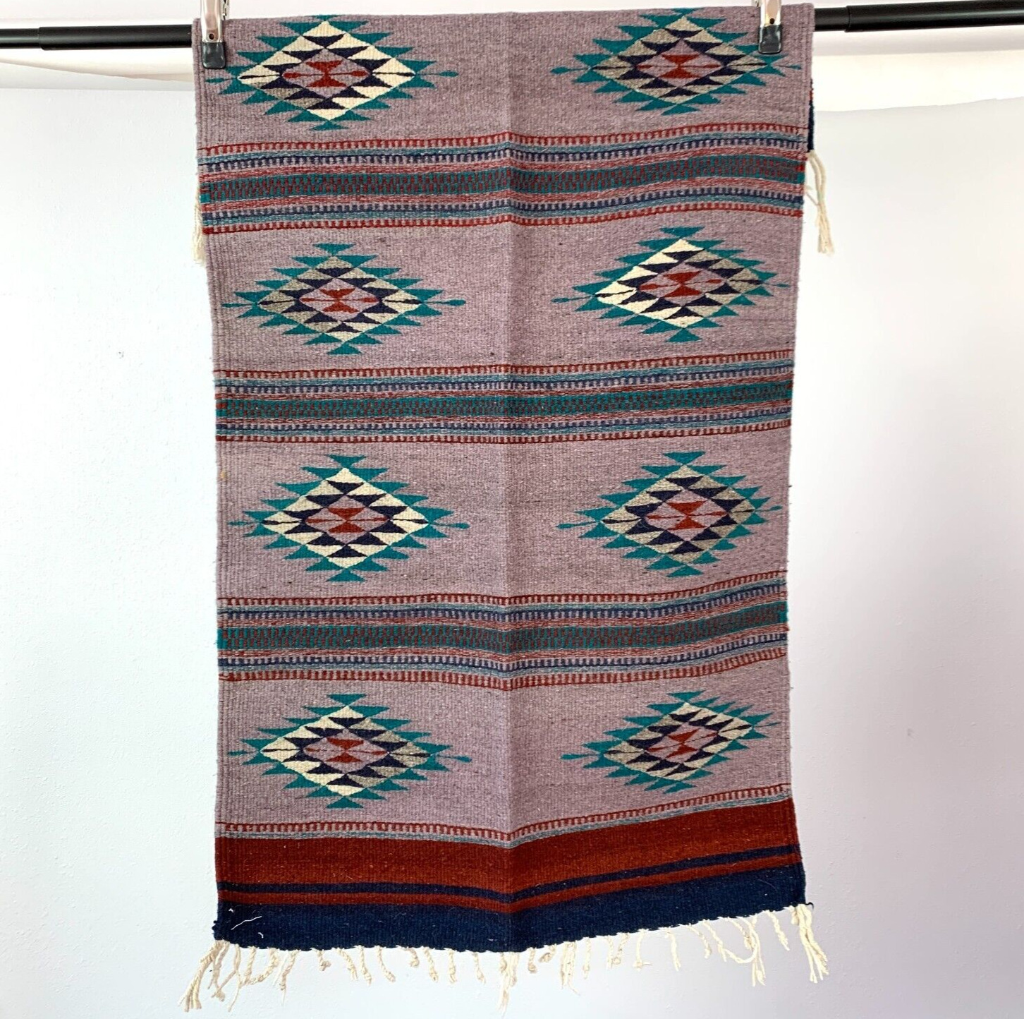 Vintage Handwoven Made in Mexico Wool Oaxacan Woven Rug Fringe 30