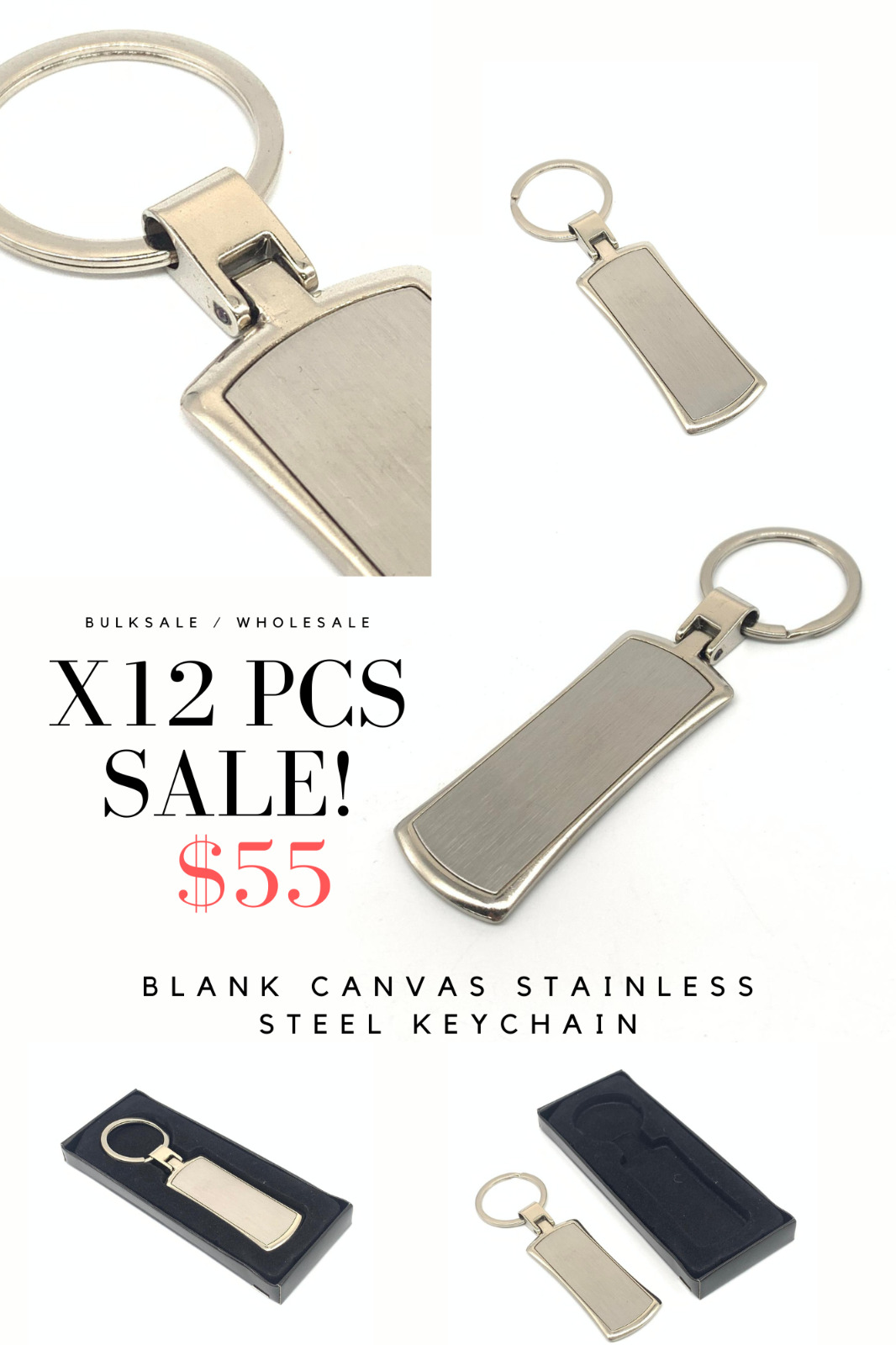 luxury key chain stainless long square steel engravable gift polished x12pcs