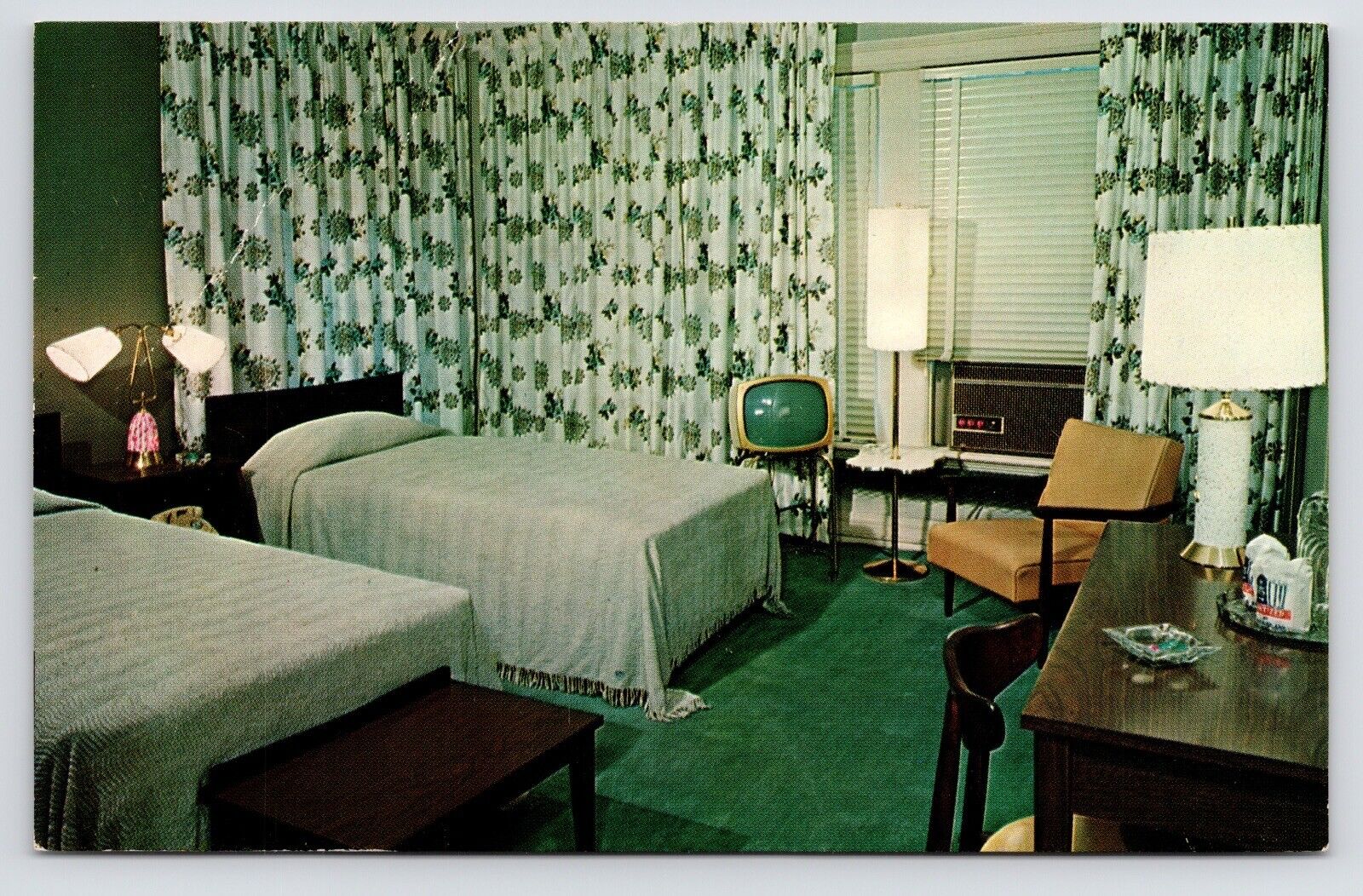 c1950s~MCM~Motel Hotel~Interior~Mid Centry Furniture~Albany New York~NY Postcard