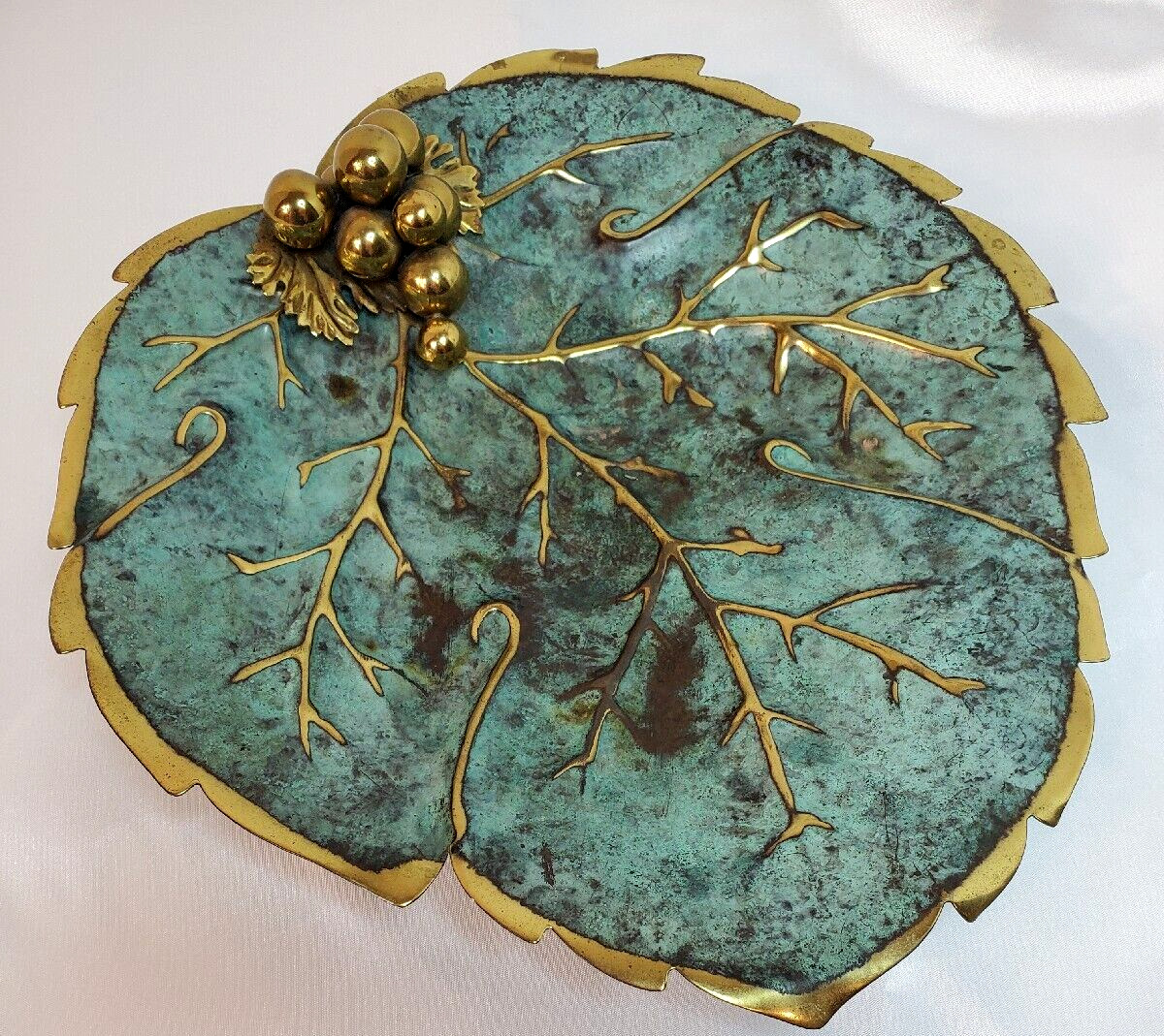 Vintage MCM Brass Patina Grape Leaf Metal Dish Made in ITALY 8 Inch
