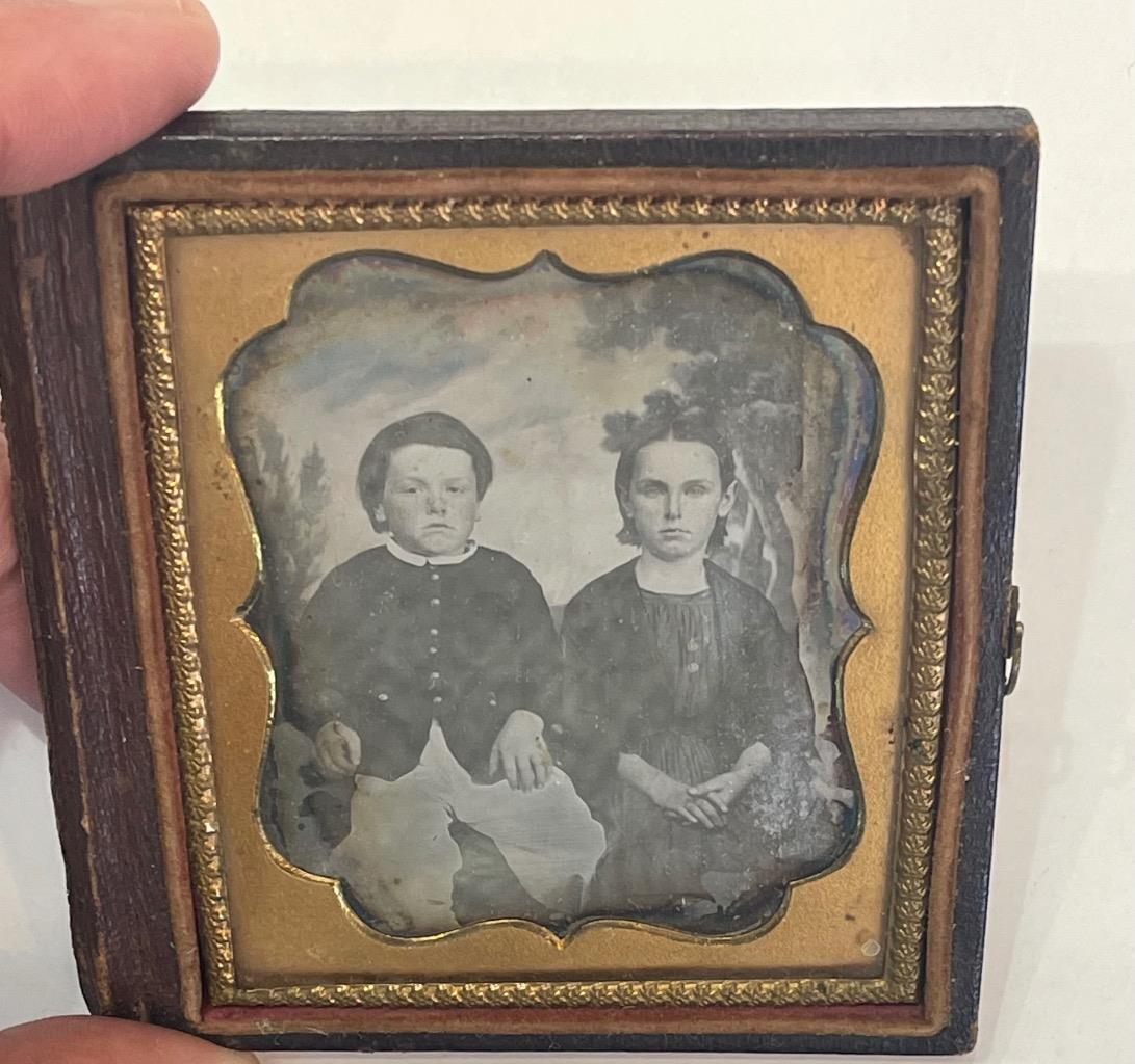 ANTIQUE 6th PLATE AMBROTYPE SEATED LITTLE BOY  & GORL CHILDREN