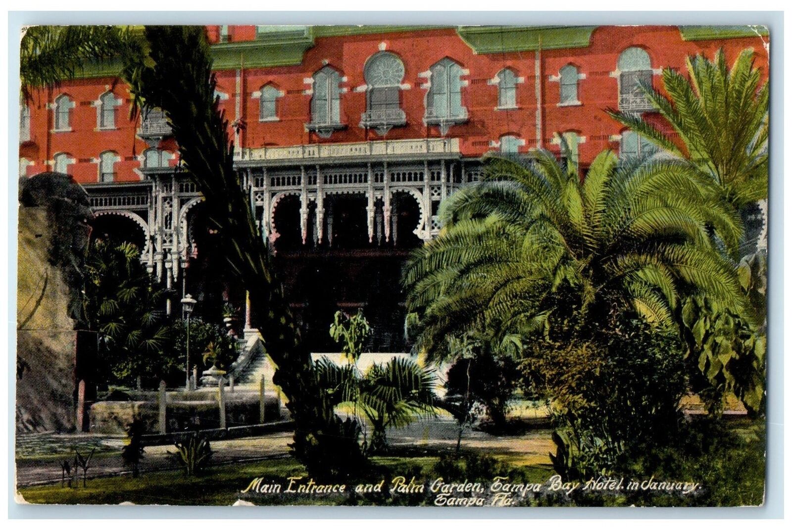 1918 Main Entrance And Palm Garden Exterior Tampa Florida Posted Trees Postcard