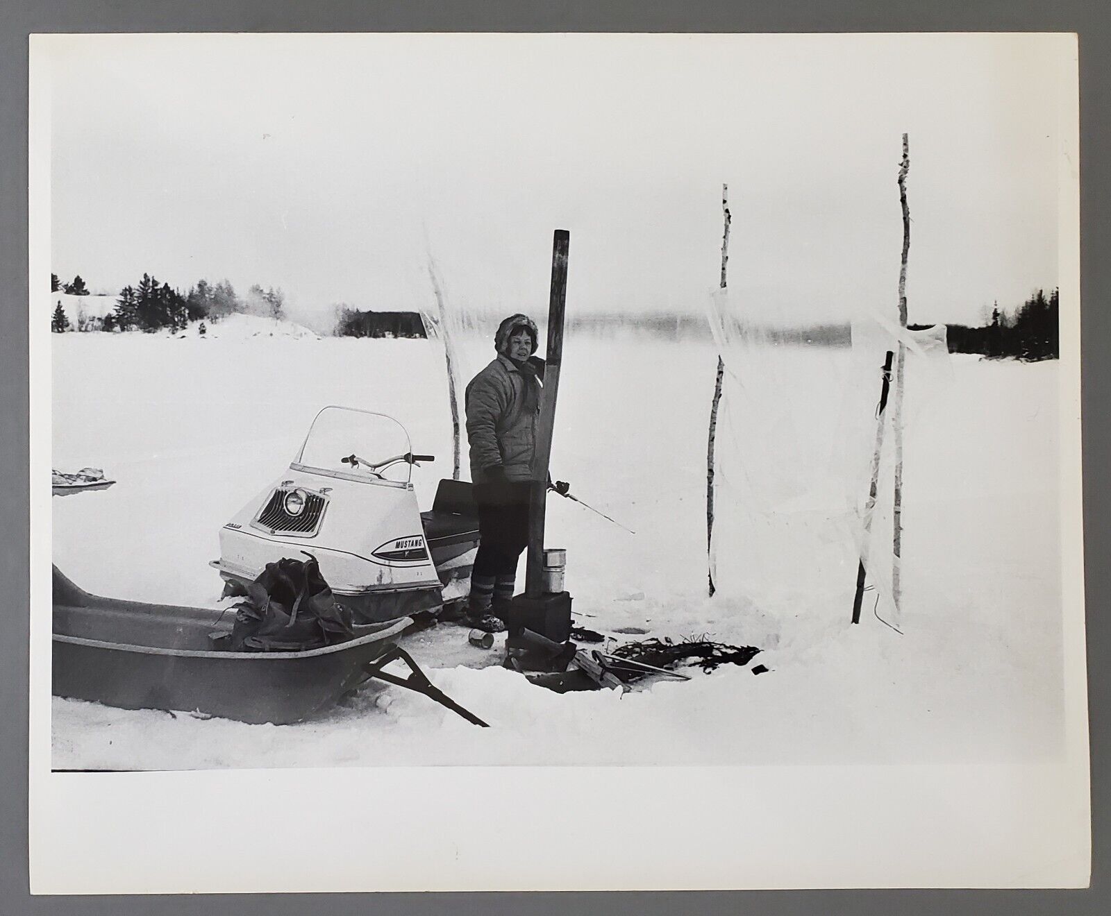 1969 Kabelogama Peninsula MN Ice Fishing Mustang Snowmobile Press Photograph