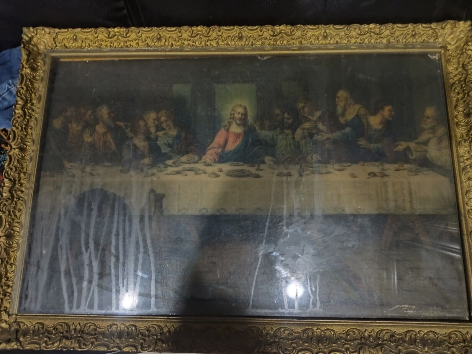 Antique Jesus Christ Lord LAST SUPPER Litho Lithograph Framed Picture