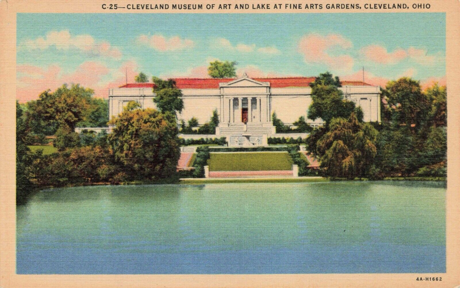Postcard Cleveland Museum of Art & Lake at Fine Arts Garden Cleveland Ohio Linen