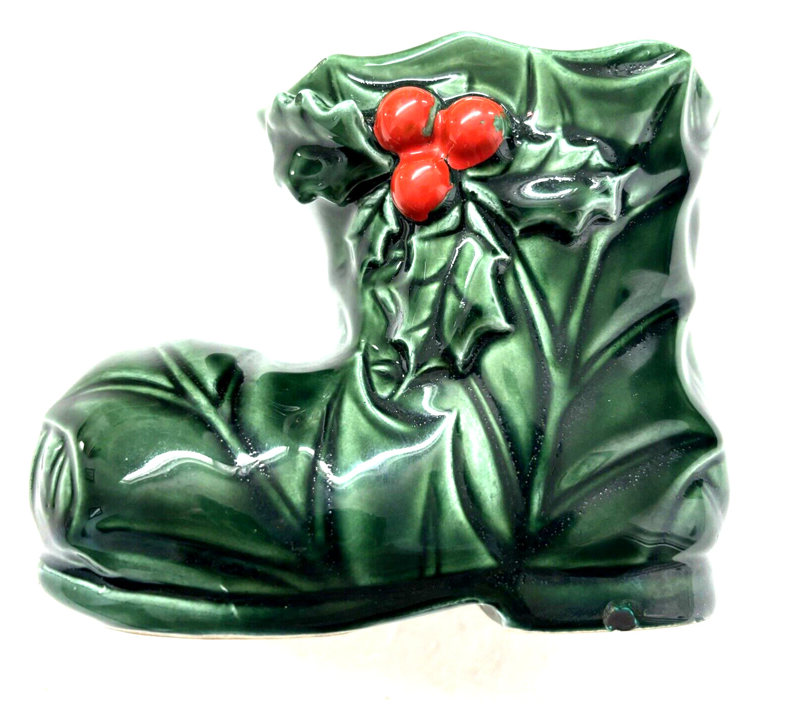 VTG LEFTON Christmas Holly Boot Planter or Candy Jar Holder Green Red Japan 1970