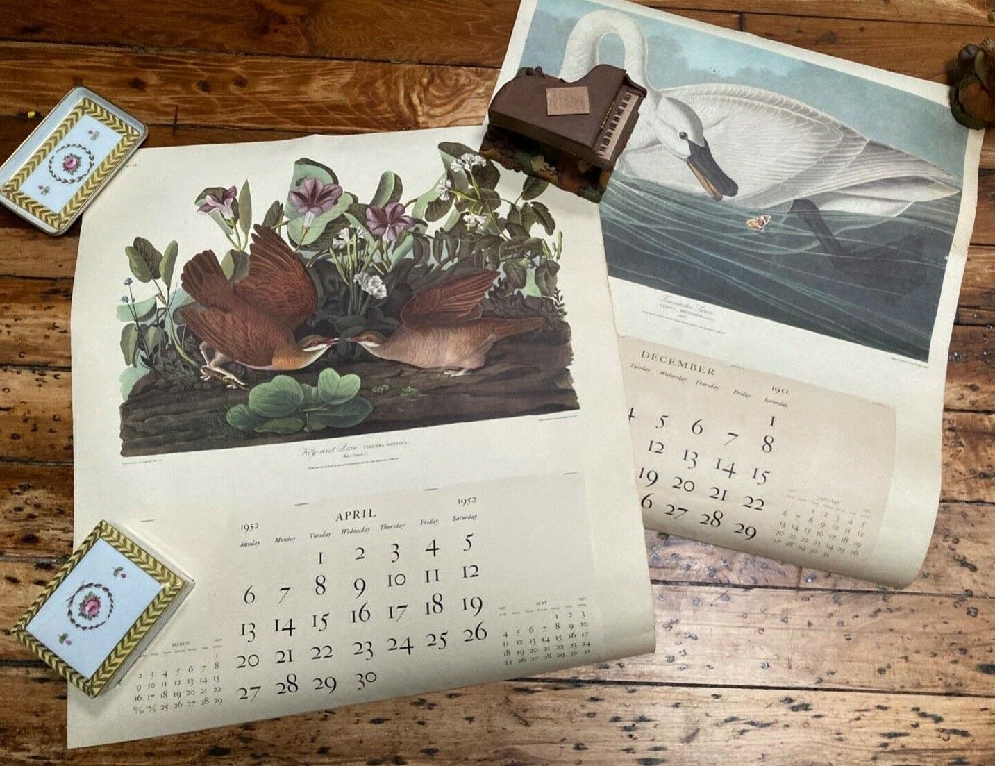 Vtg 1951-1952* Audubon Bird Calendar Trumpeter Swan Key West Dove Northwestern 