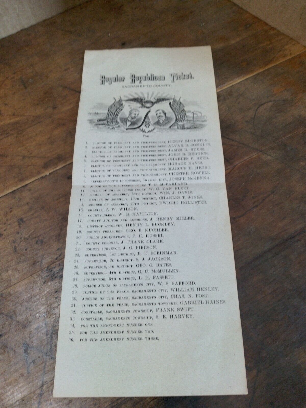 Original Circa 1884 Regular Republican Ticket Blaine &Logan, Sacramento County