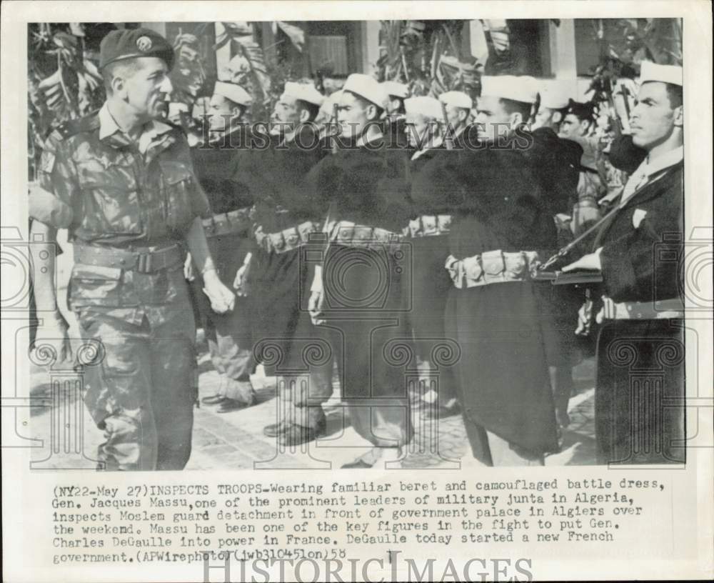 1958 Press Photo General Jacques Massu Inspects Troops at Algiers Palace