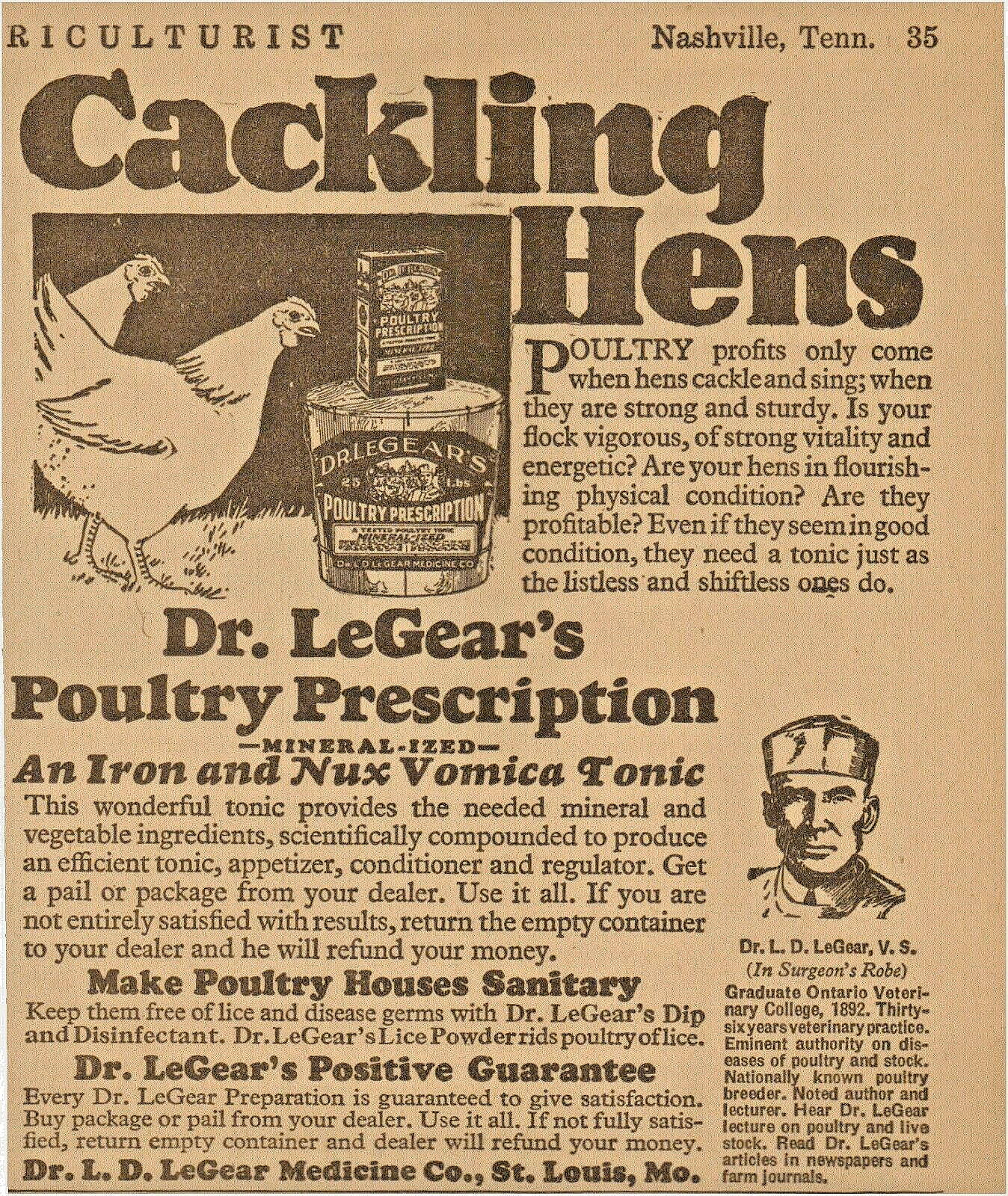 1929 Dr. LeGear's Poultry Prescription, Cackling Hens Chickens Vintage Print Ad