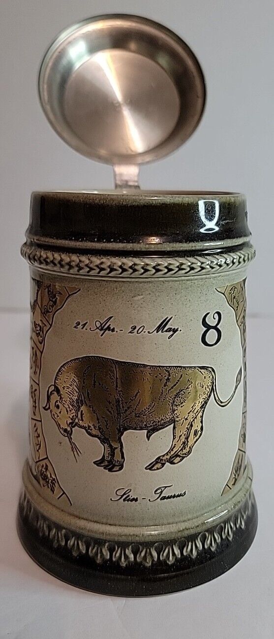 Rare Vintage Gerzit Gerz Germany Beer Stein Lid Mug Taurus Gold Print Low Made