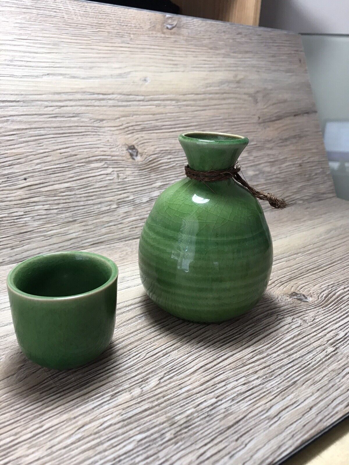 Sake Set Celadon Glazed With Crackle  Kotobuki  W/ 1 Cup Only. Bright Green