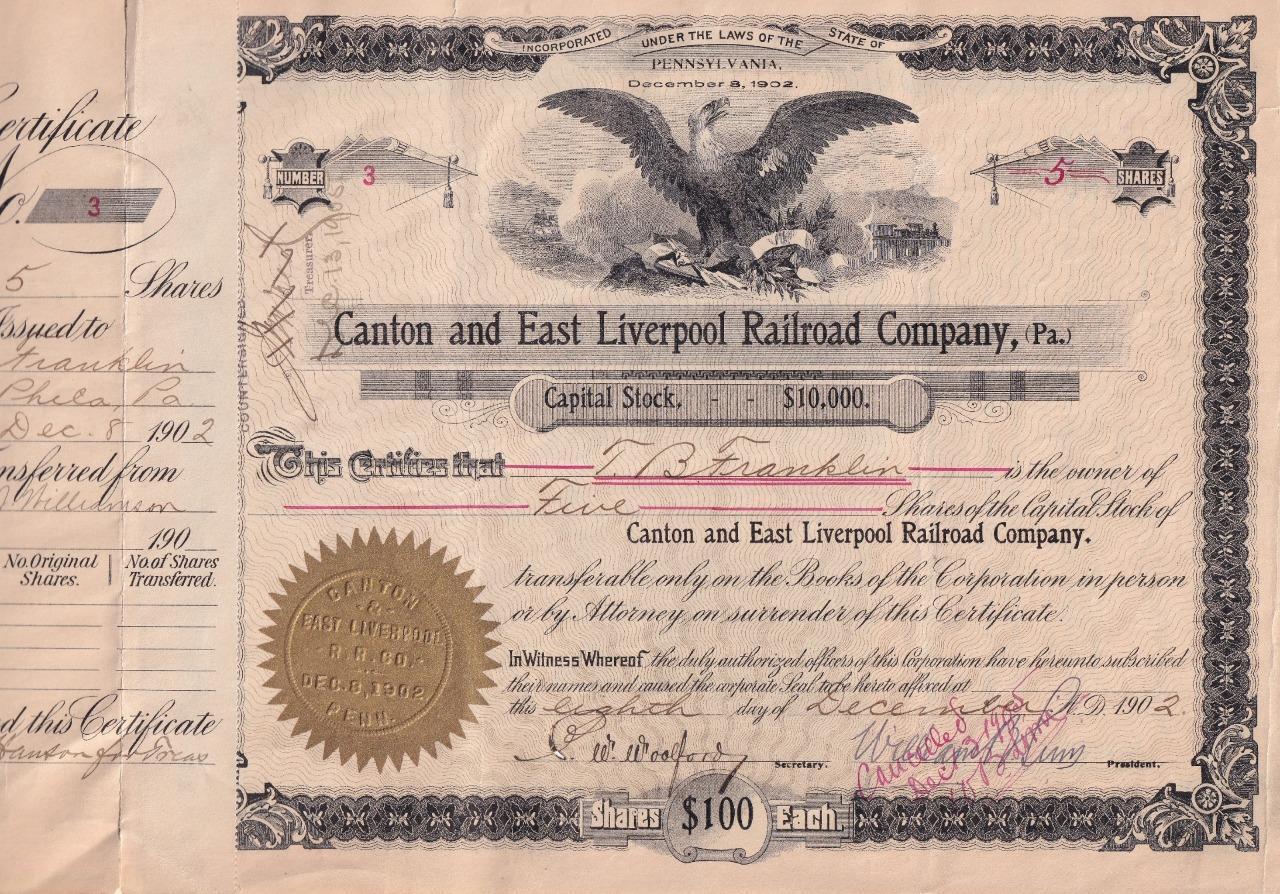 1902 Canton & East Liverpool Railroad capital stock certificate (Ohio, Penn.)