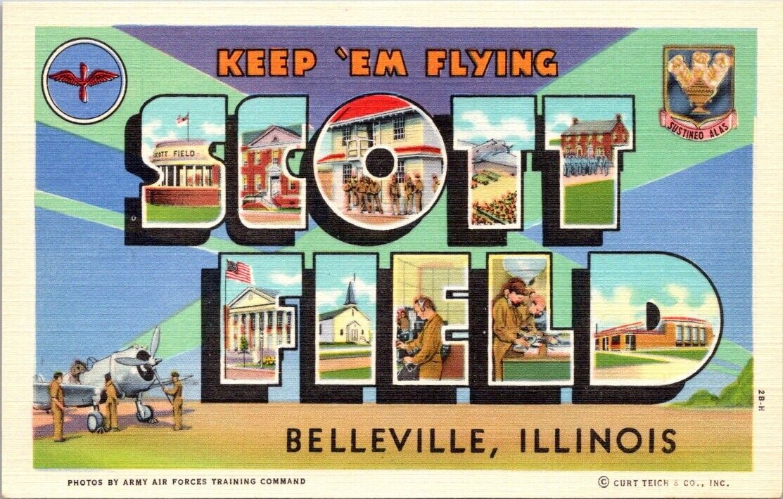 Vintage Postcard Large Letter Linen Teich Scott Field Belleville Illinois B1