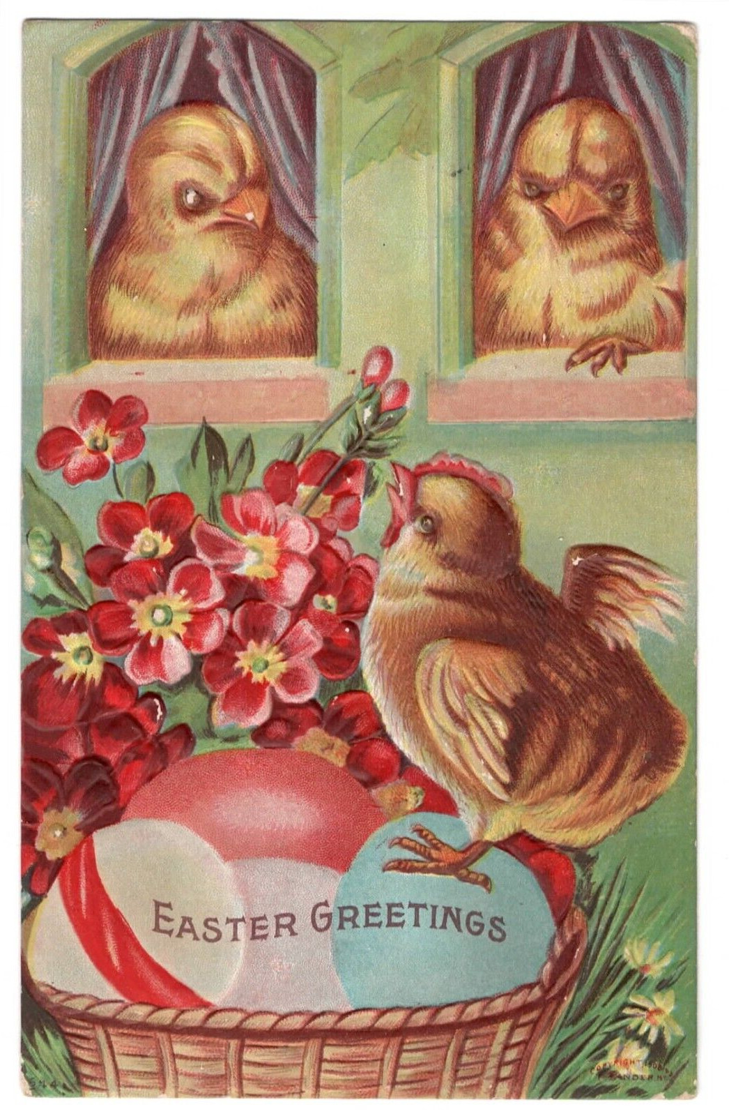 Postcard Easter Embossed 1900s Anthropomorphize Chicks Eggs Basket Germany VTG