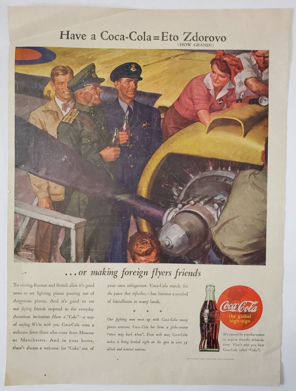 1944 Coca Cola Vintage WWII Print Ad Have A Coca Cola=Eto Zdorovo Pilots Plane