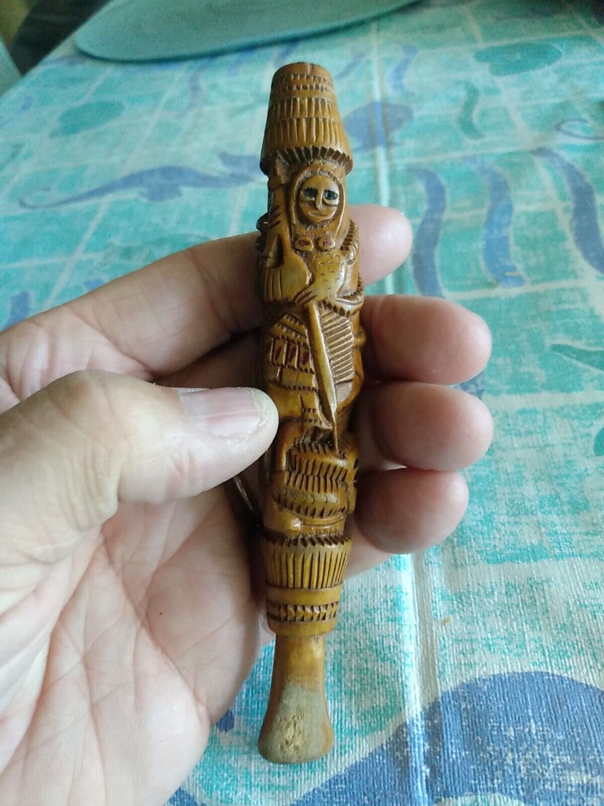 Vintage Antique Native Central American Carved Wood Cigarette Holder Woman Snake
