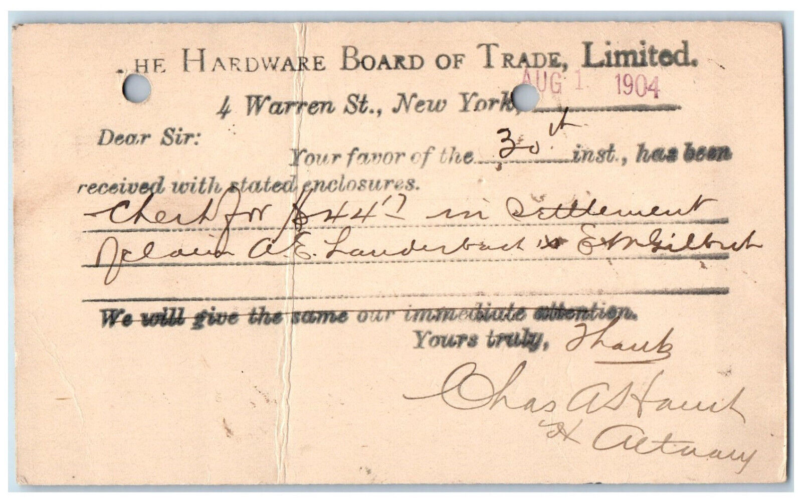 1904 The Hardware Board of Trade Limited New York City NY Postal Card