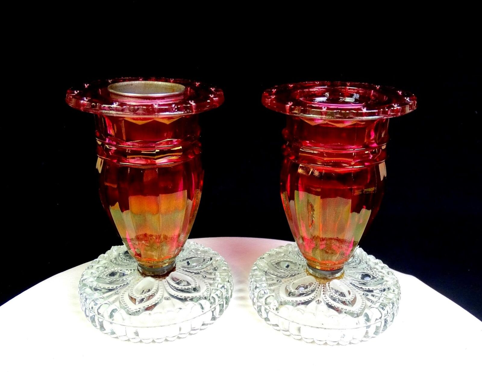 Victorian Style Cranberry & Clear Paneled 2Pc Antique 6 1/8
