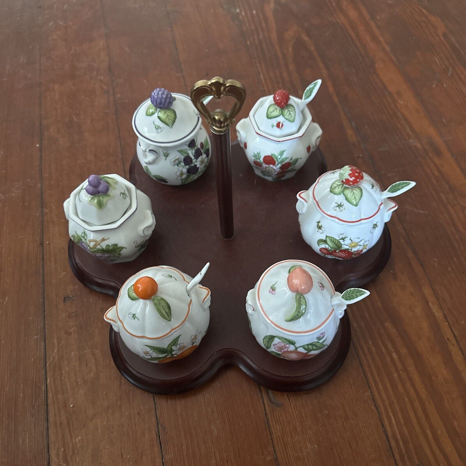 Lenox Vtg Orchard Jam/Jelly Jar Set with Lids Spoons Serving Tray Porcelain READ