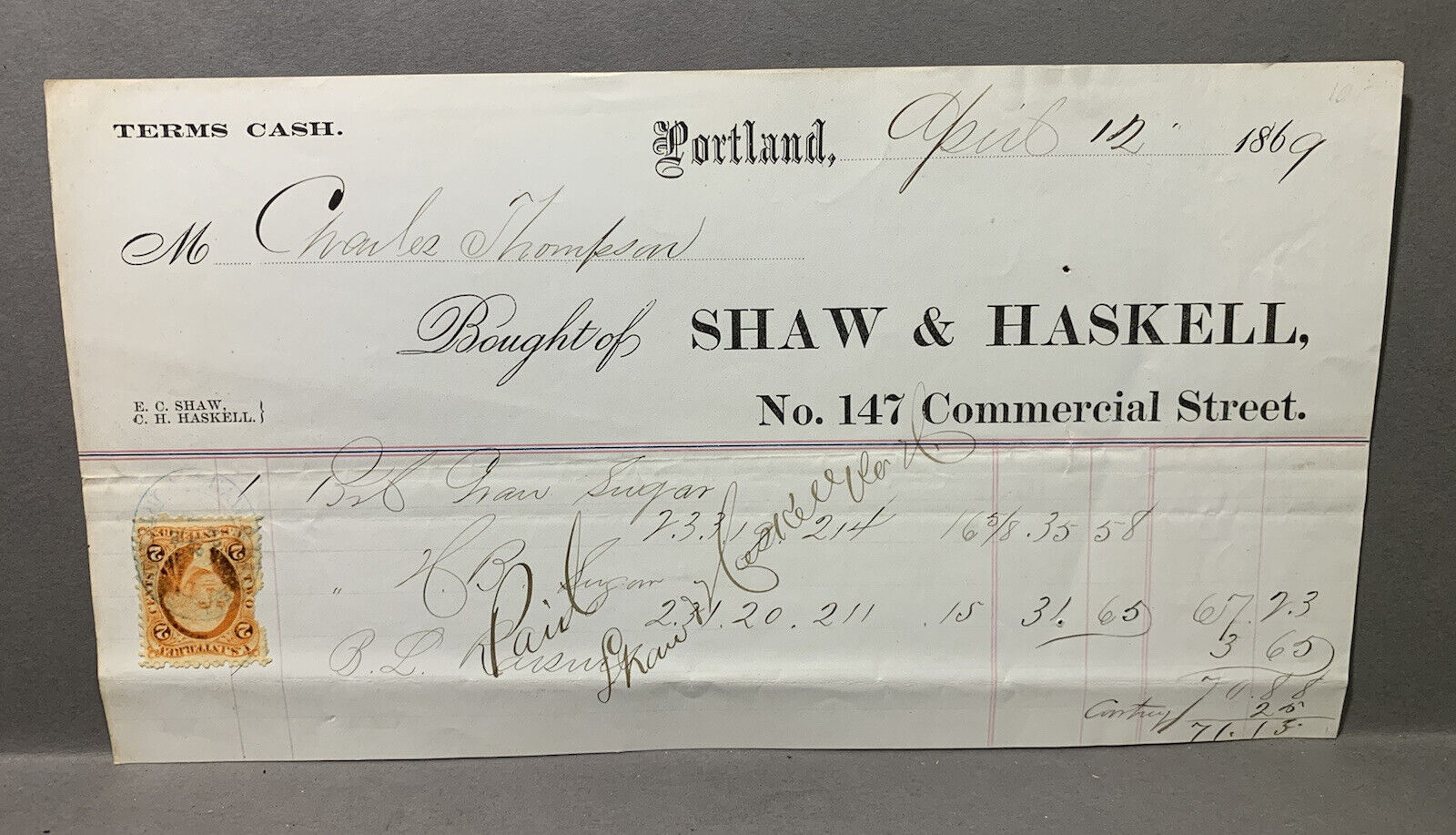 Antique Ephemera 1869 Billhead Portland ME Shaw & Haskell Revenue Stamp Sugar
