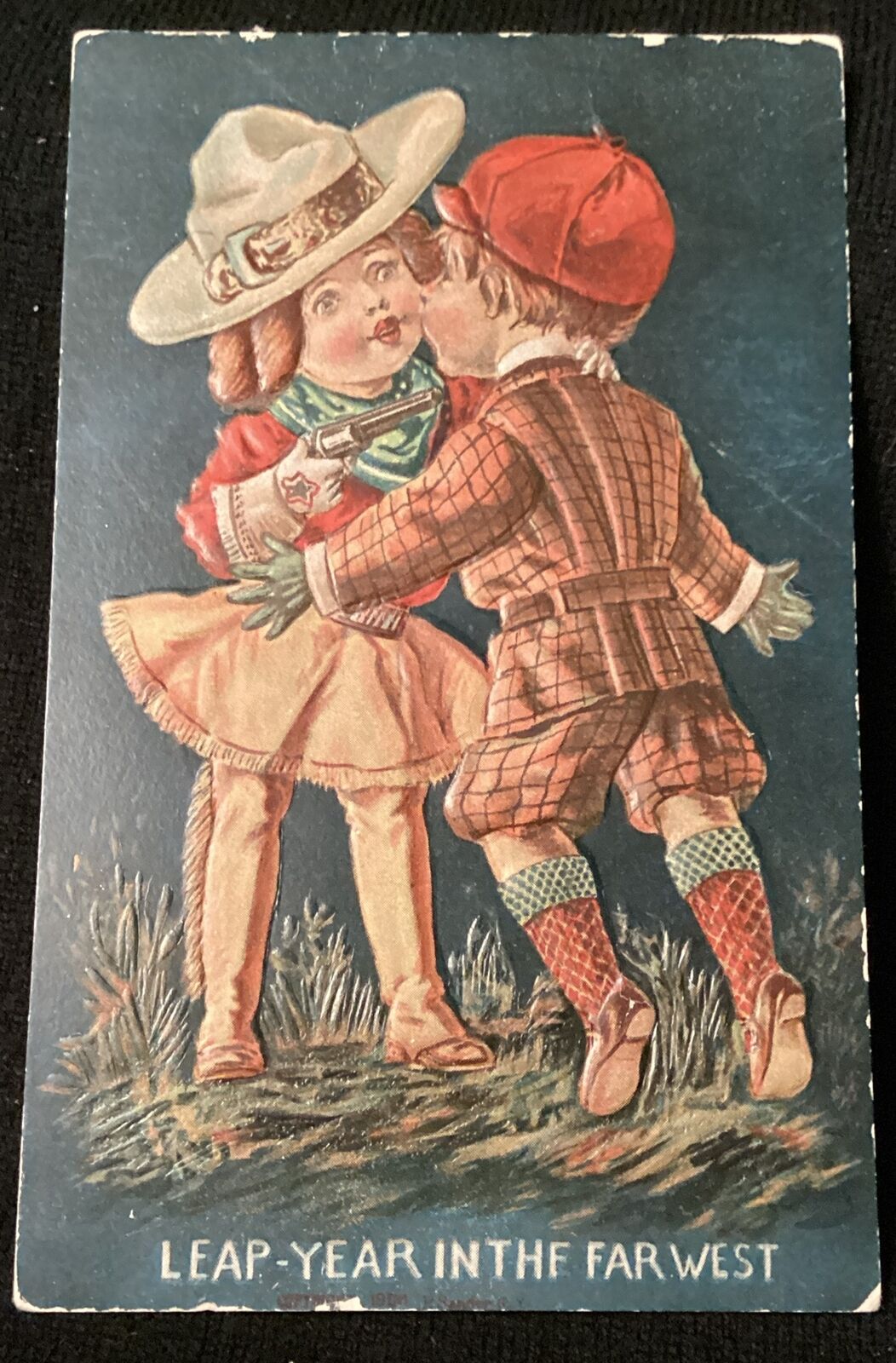 RARE Vintage Leap Year Postcard Cowgirl Holding Pistol Embossed