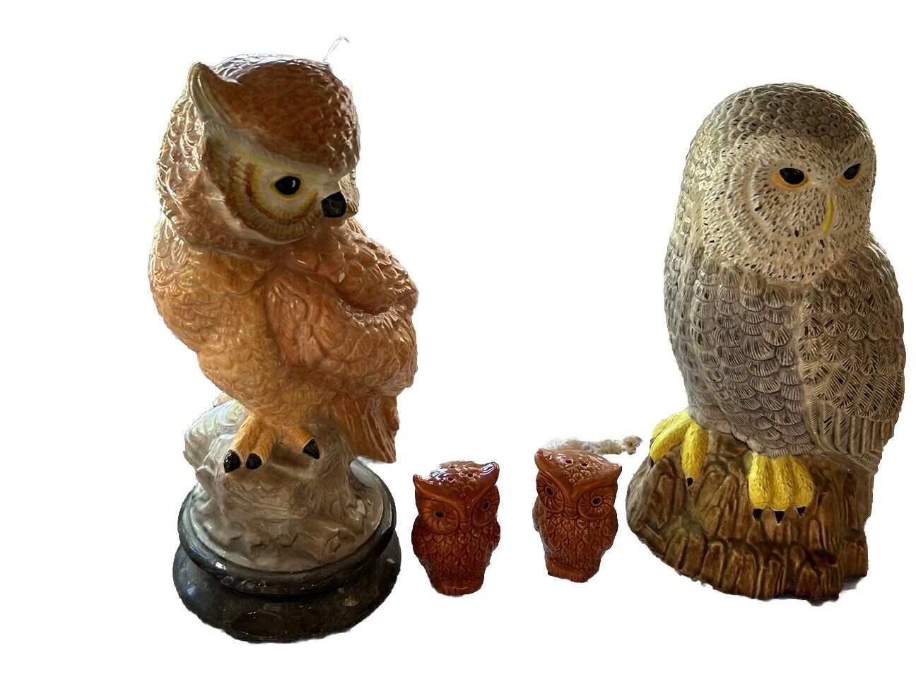 Ceramic Owl Set - 3 Owl Sculptures and one Set of Owl Salt And Pepper Shakers