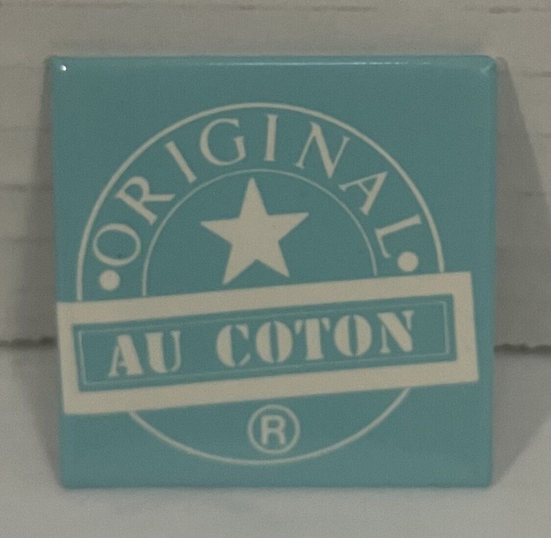 Vintage 1980s Au Coton Original Square Pinback Button Sky Blue Pin 1.5” Canada