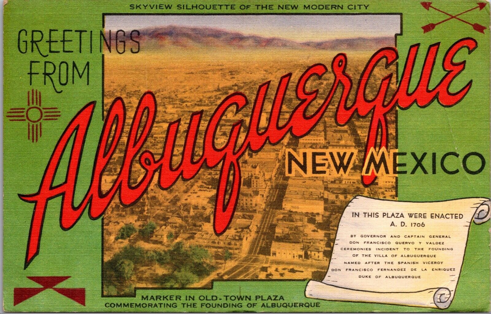 Linen Postcard Large Letter Greetings and Aerial View of Albuquerque, New Mexico