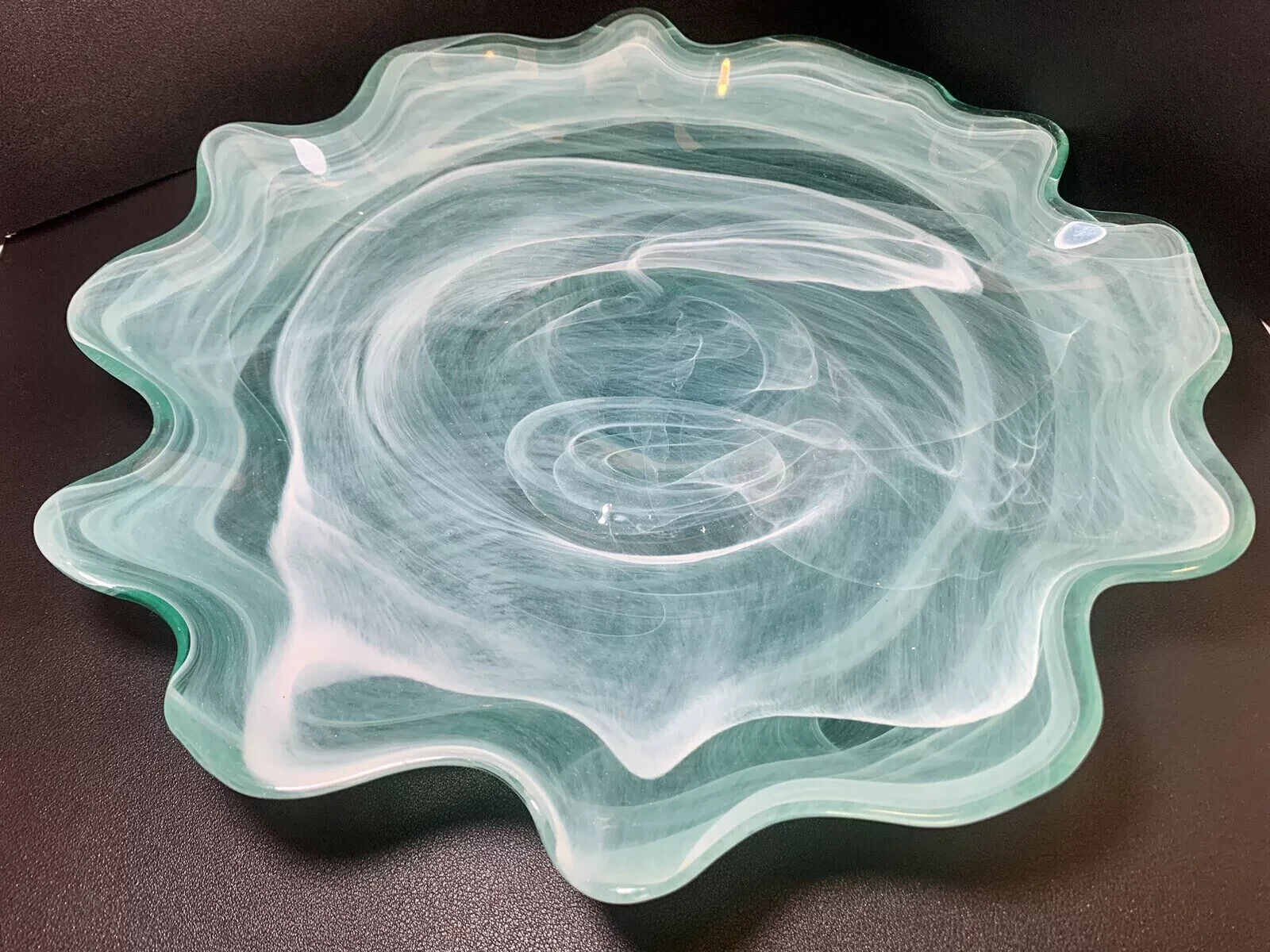 Large Recycled Art Glass Turquoise Free Form Serving Plate w Swirls 13”