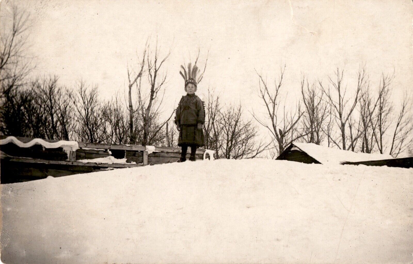 RPPC Vintage Postcard Child in Headdress Snow Scene Unposted Early 1900\'s