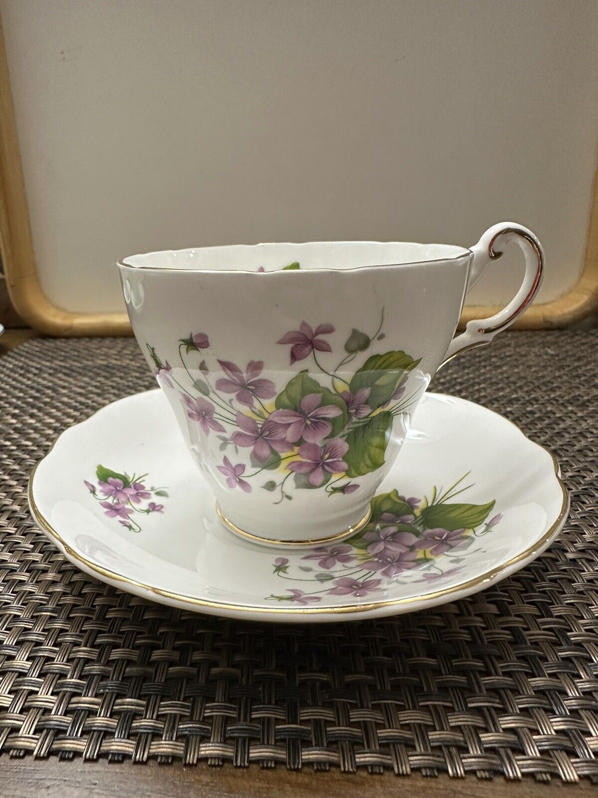 Vintage Bone China Regency Tea Cup Saucer Set Purple Violets Gold Trim Mint