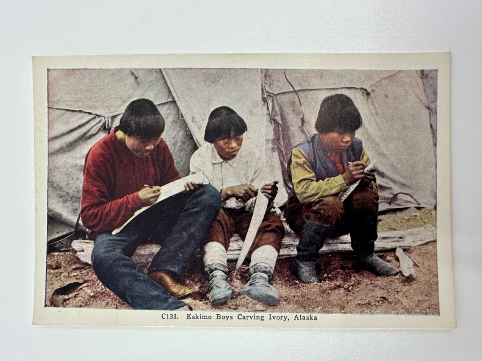 Vintage Alaska HHT Postcard, Eskimo Boys Carving Ivory, Native American, New NOS