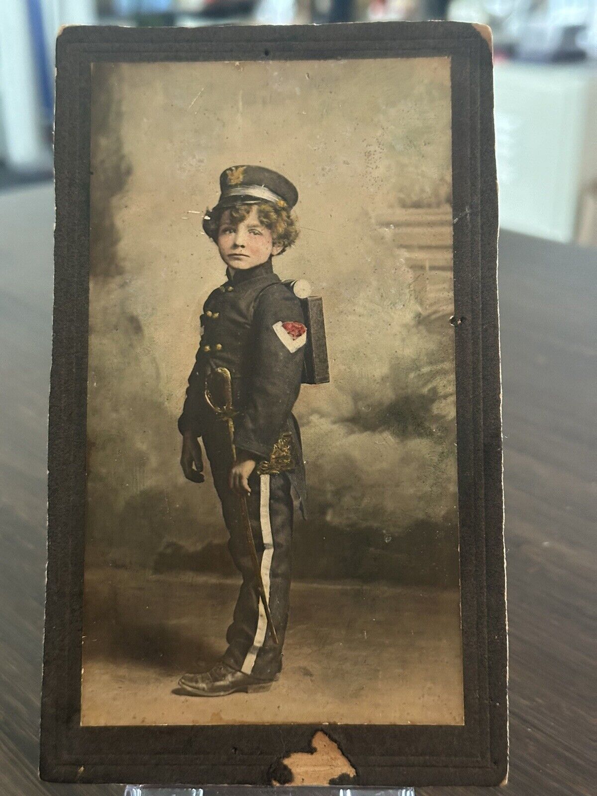 1890s cabinet card kid soldier  military hand colored photo Little admiral id’ed