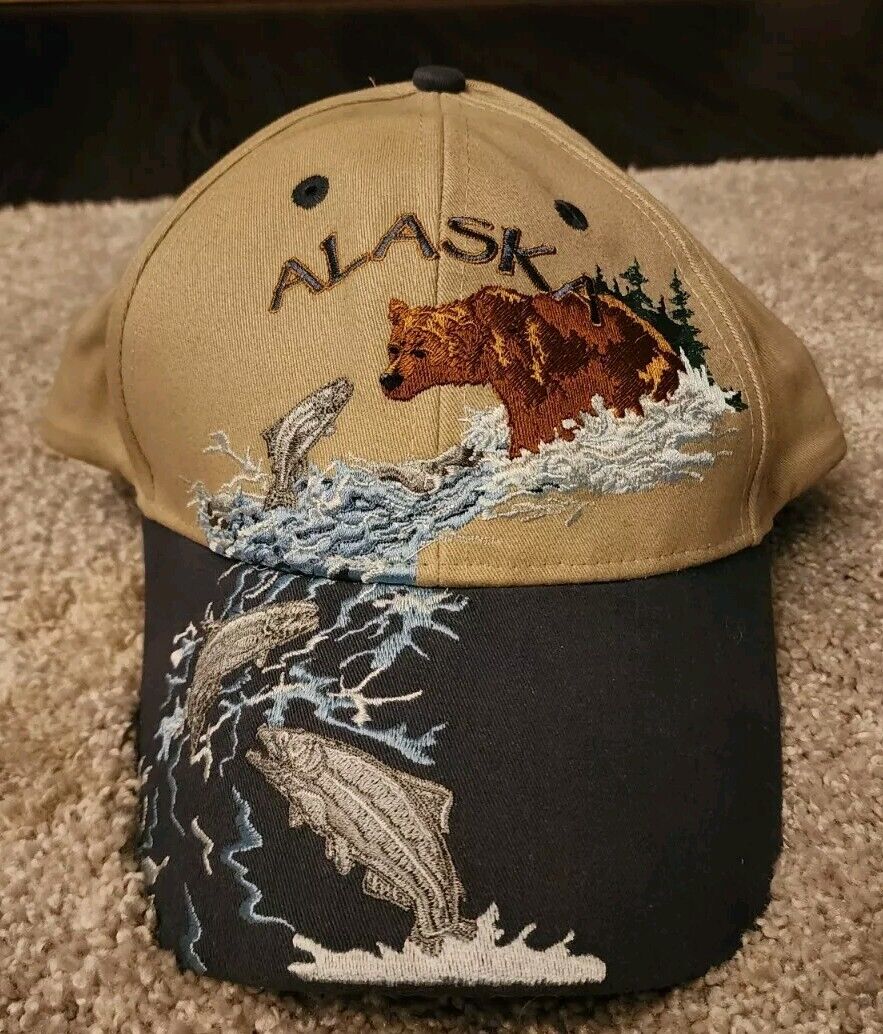 Vintage Alaska Brown Bear at Salmon Stream Souvenir Hat Graphic 6 Panel Cap Tan