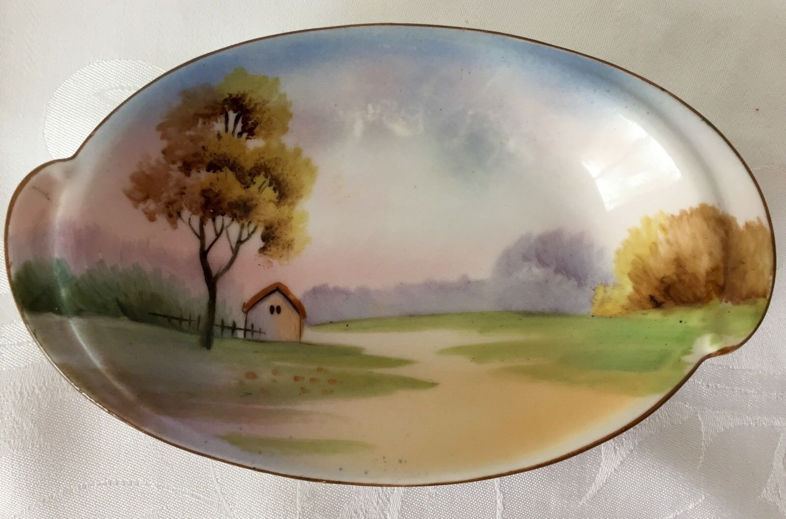 ANTIQUE NIPPON RELISH DISH, THATCH ROOF COTTAGE, TREES, WREATH MARK