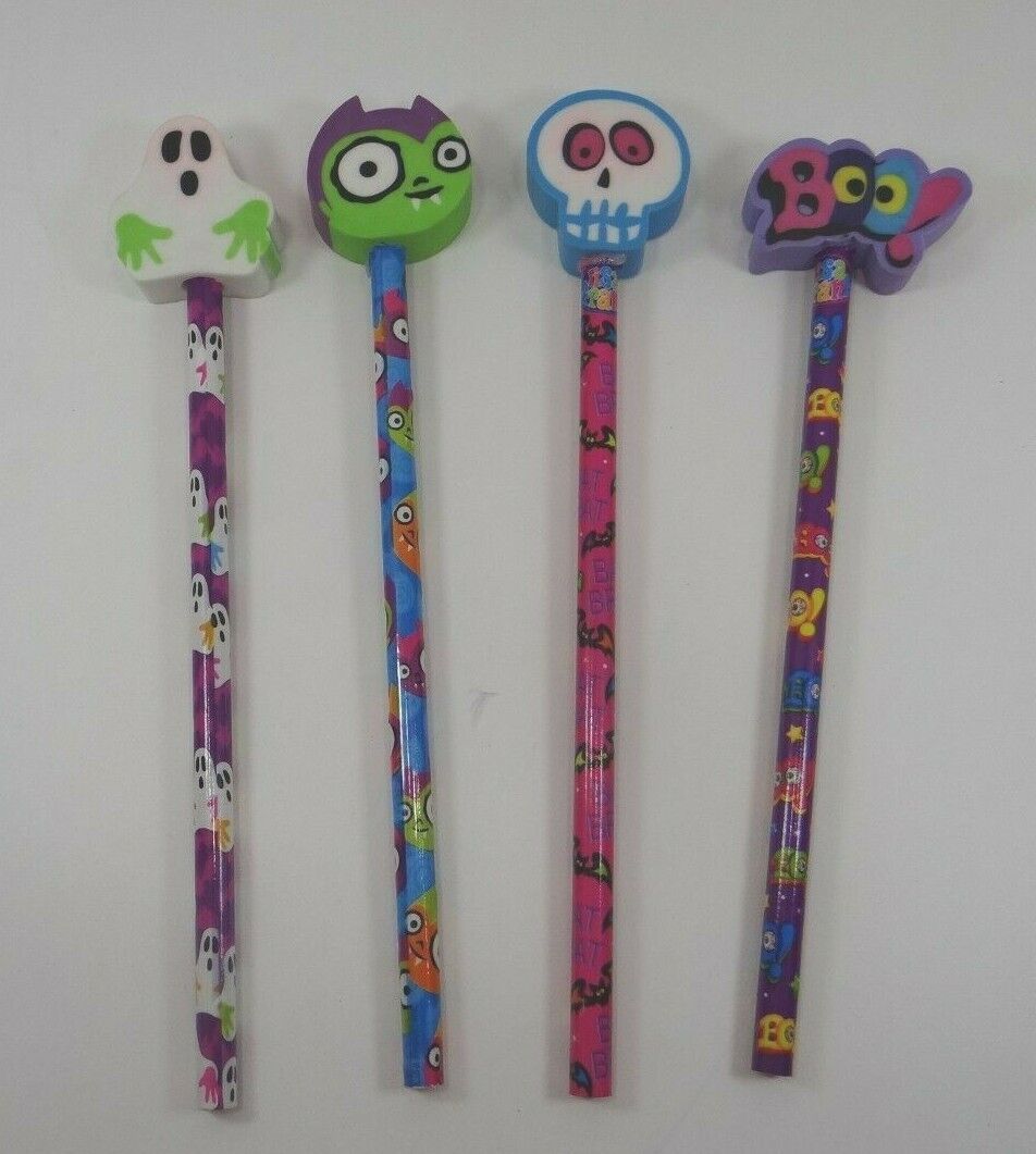 Lisa Frank 4 Vintage Halloween Pencils With Toppers Skull Boo Ghost Dracula