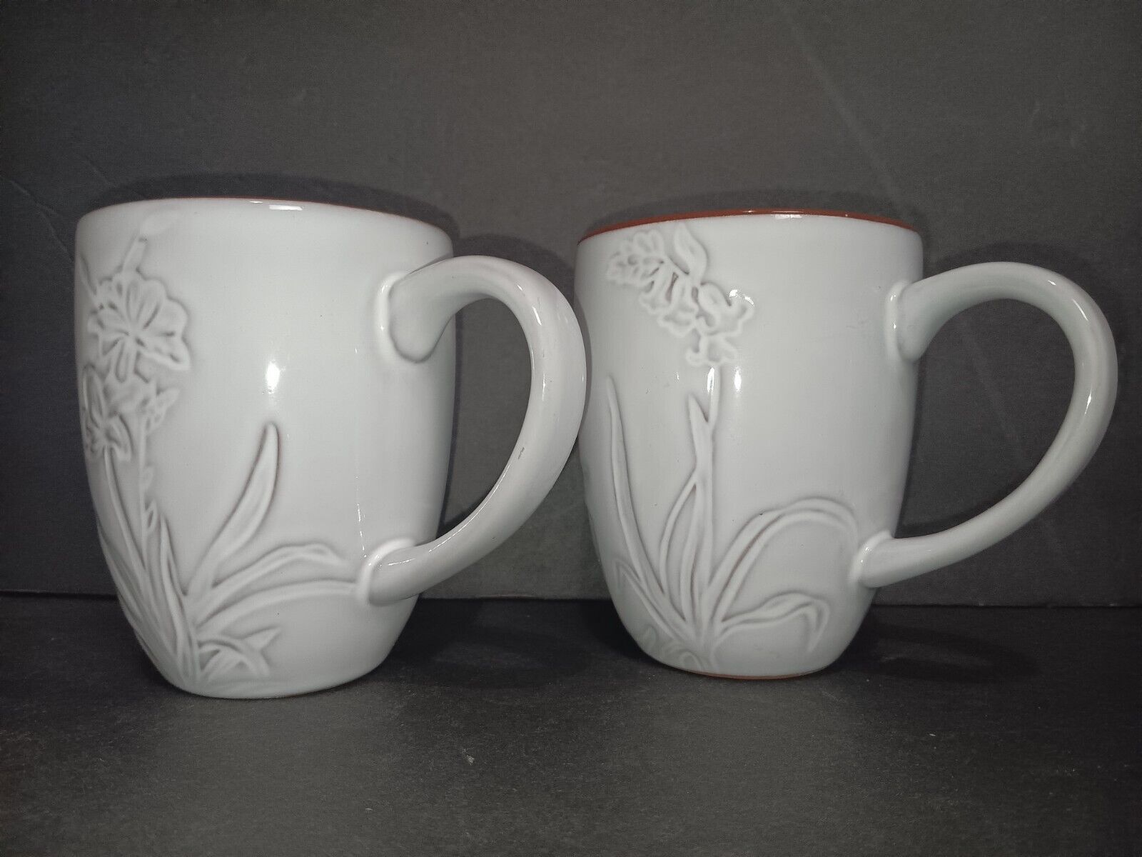 Pair Of Pier 1 Imports White Impressed Floral Terracota Coffee/ Tea Mugs 
