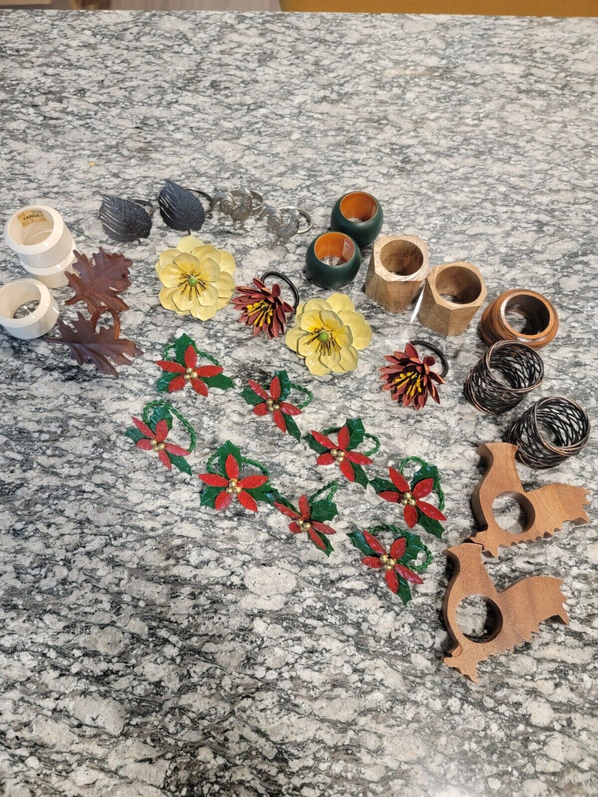 Lot of 31 Vintage Napkin Rings Poinsettia Flowers Roosters Leaves and More