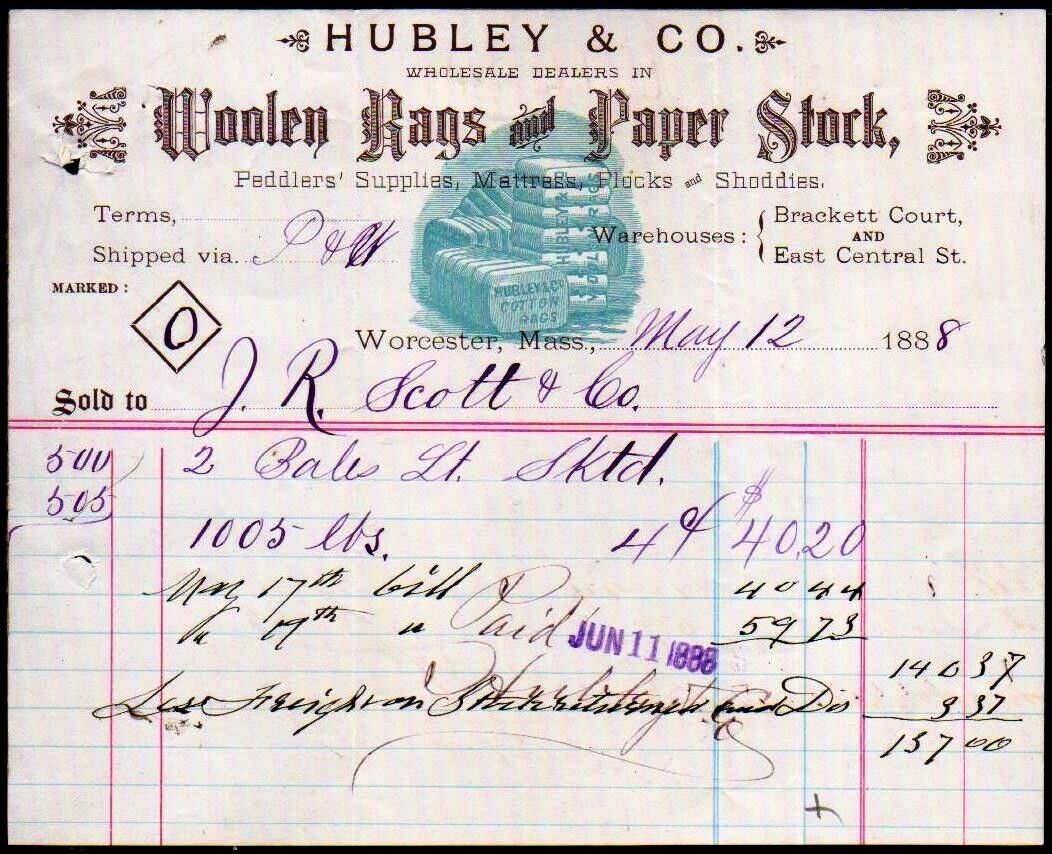 1888 Worcester Ma - Hubley & Co - Woolen Rags & Paper Stock - Letter Head Bill