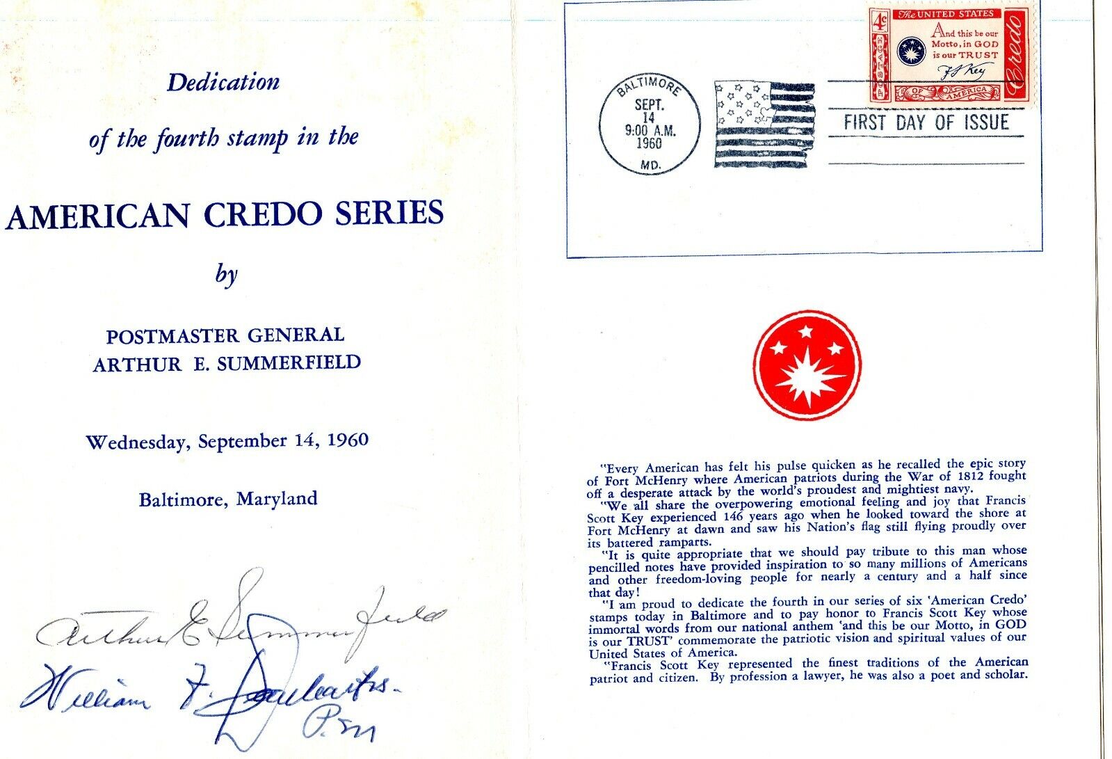 rare  postmaster ARTHUR SUMMERFIELD signed SCOTT KEY Program GREAT PRICE