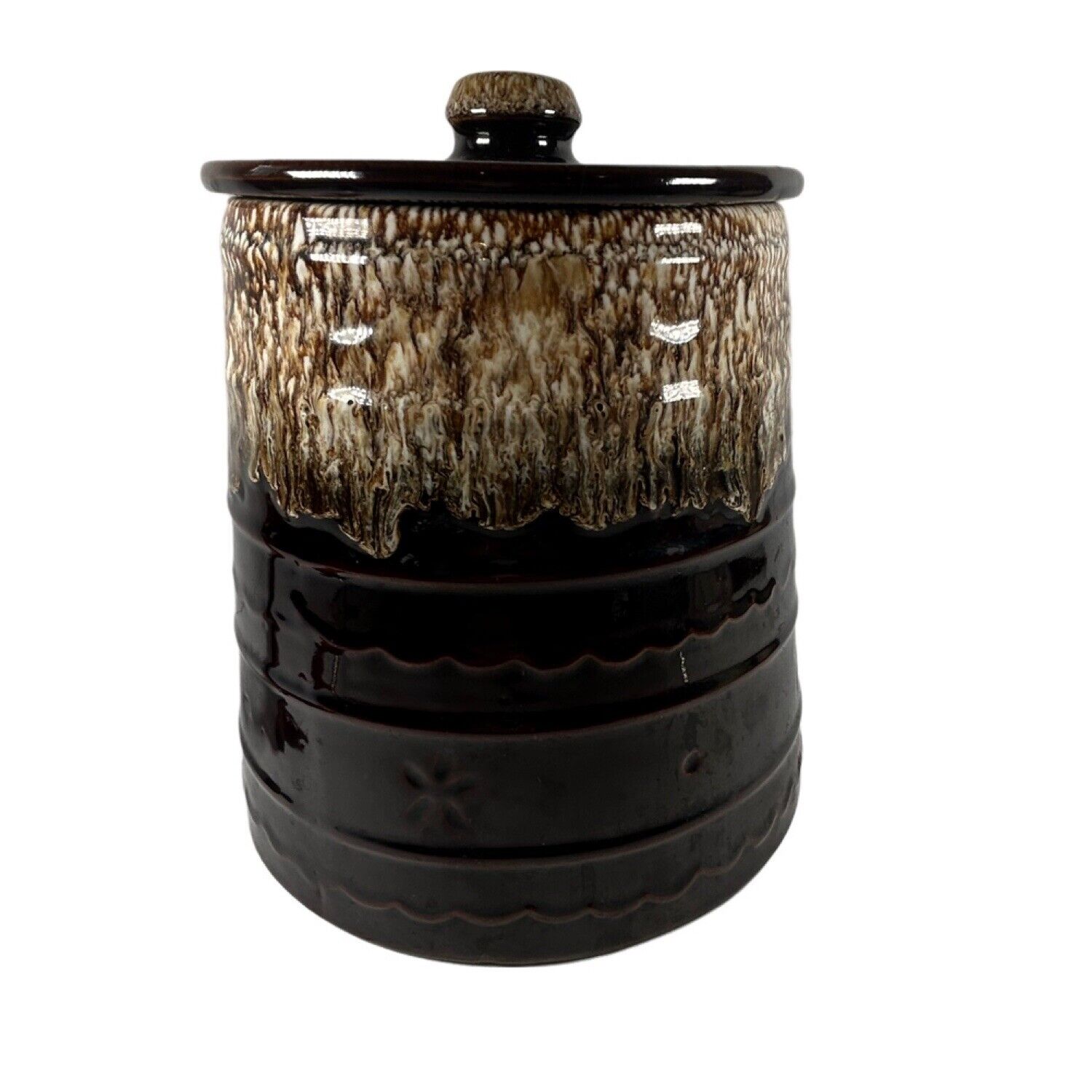 Vintage Monmouth Daisy Dot Pottery Cookie Jar Canister Brown Drip Glaze 1960\'s