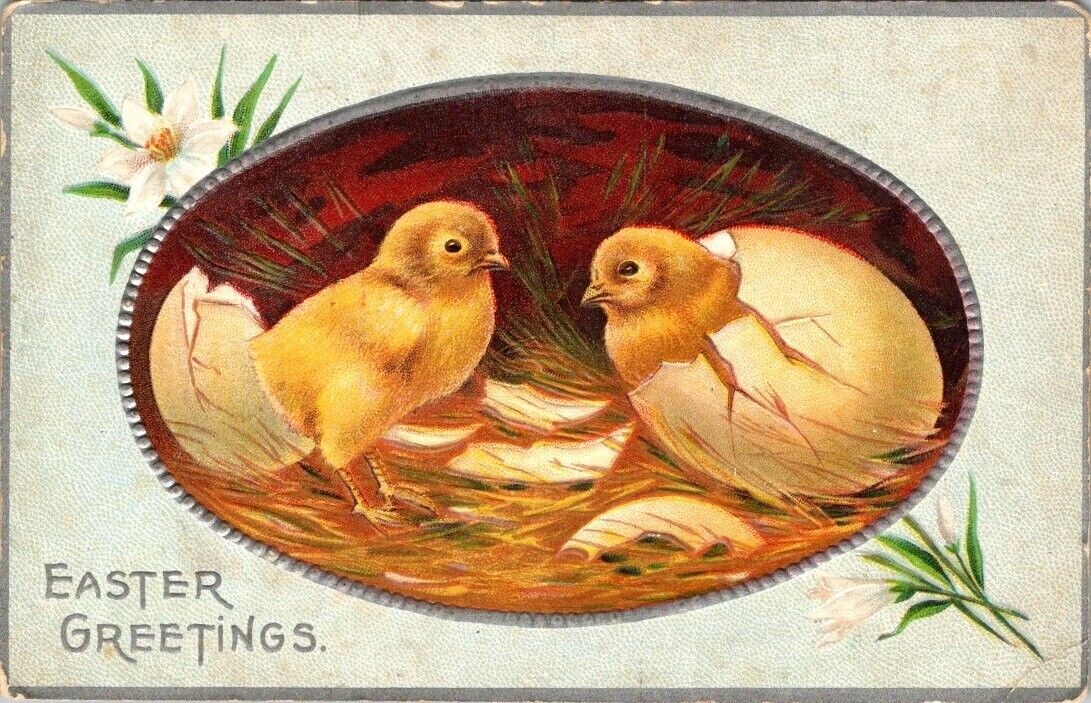 vintage postcard- Easter Greetings baby chicks embossed unposted c1900s