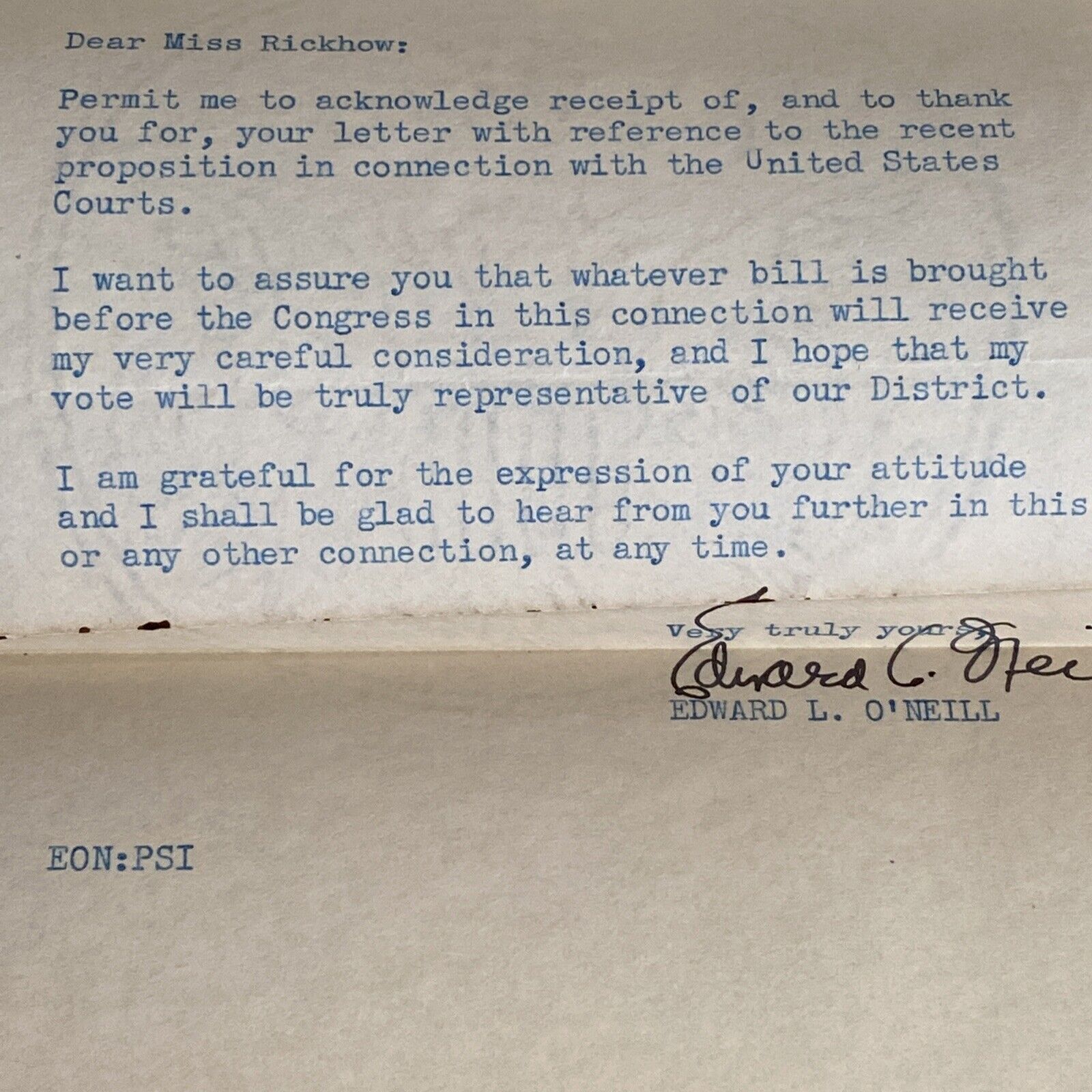 Edward L. O’Neill - House of Representatives Typed Letter - Feb. 9, 1937